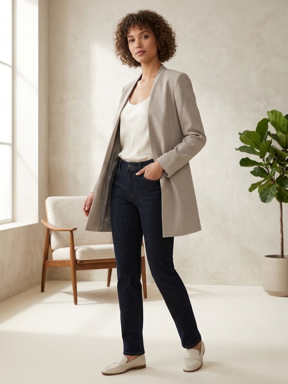 Calvin Klein Neutral Taupe Longline Open-Front Blazer